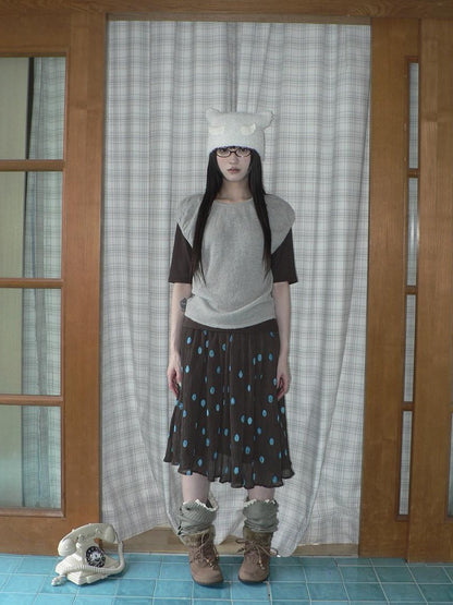 ang project Solid Gray Korean Minimal Casual Round Neck Layered Short Sleeve Women&