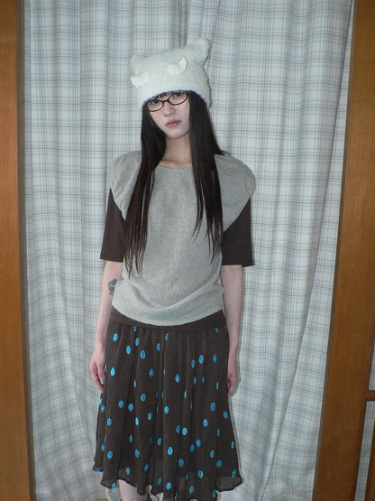 ang project Solid Gray Korean Minimal Casual Round Neck Layered Short Sleeve Women&