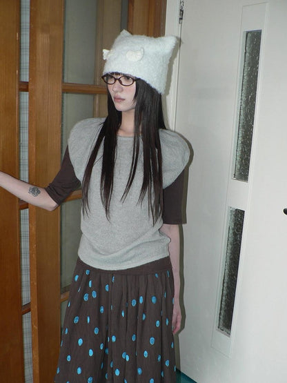 ang project Solid Gray Korean Minimal Casual Round Neck Layered Short Sleeve Women&