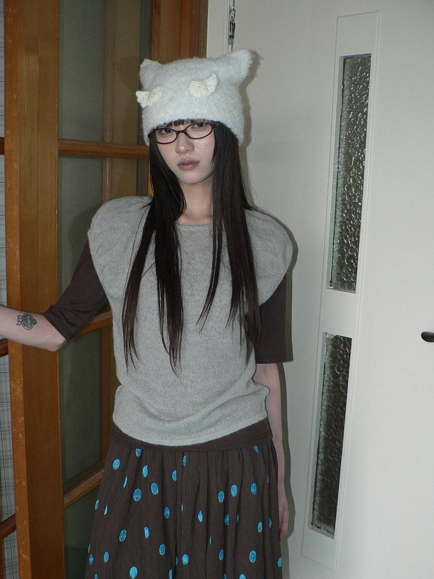 ang project Solid Gray Korean Minimal Casual Round Neck Layered Short Sleeve Women&
