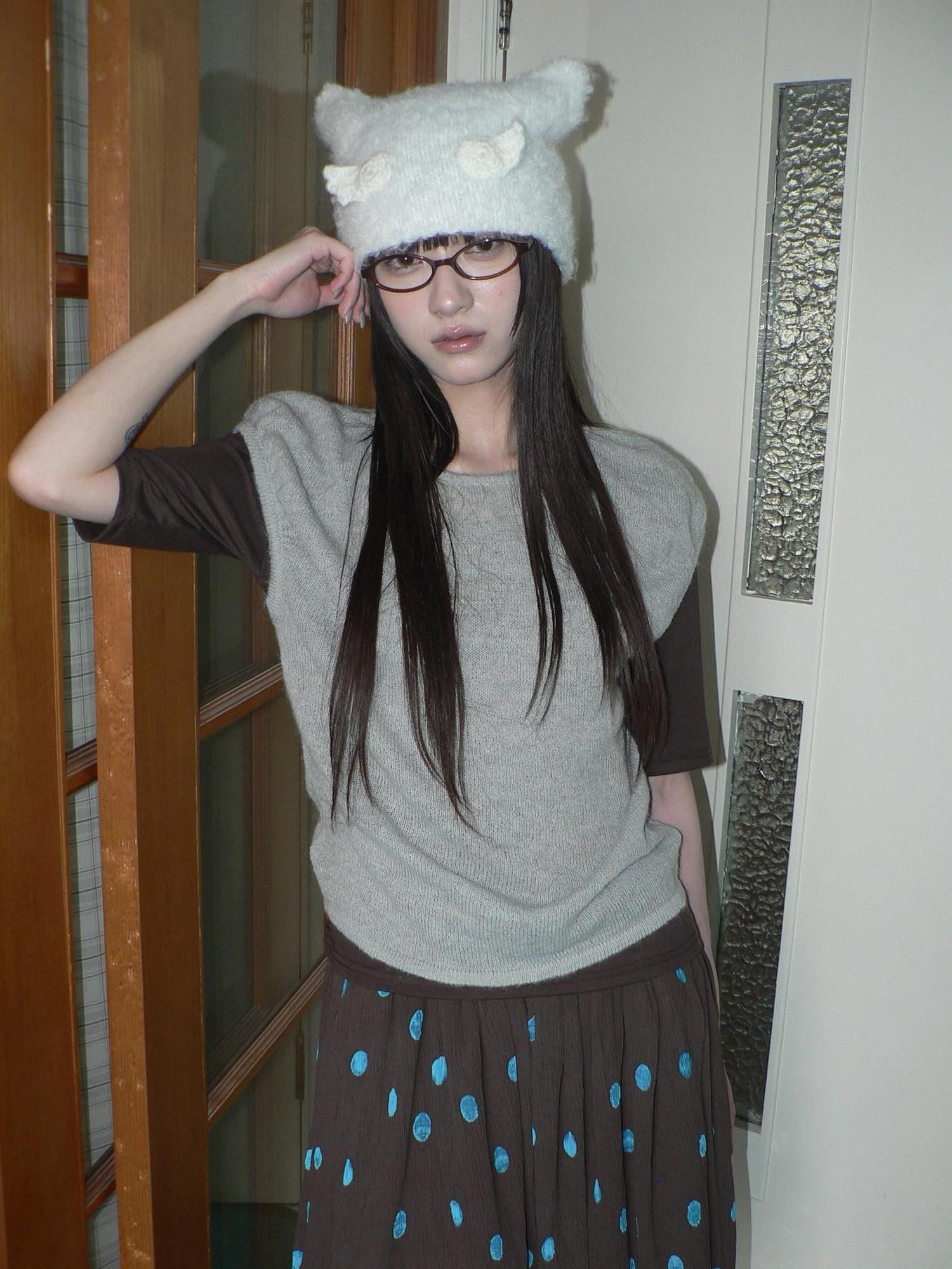 ang project Solid Gray Korean Minimal Casual Round Neck Layered Short Sleeve Women&