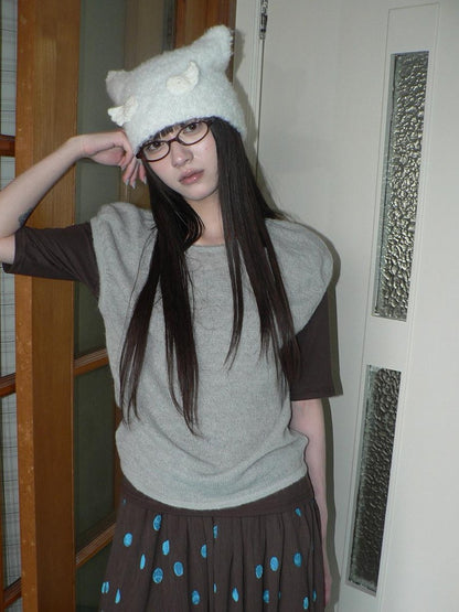 ang project Solid Gray Korean Minimal Casual Round Neck Layered Short Sleeve Women&