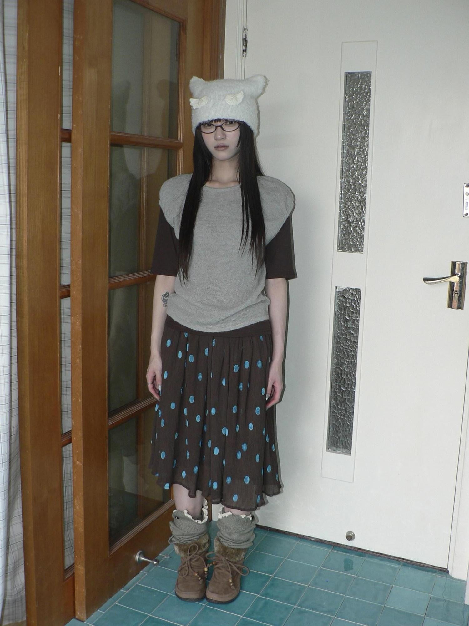 ang project Solid Gray Korean Minimal Casual Round Neck Layered Short Sleeve Women&