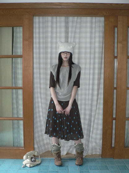 ang project Solid Gray Korean Minimal Casual Round Neck Layered Short Sleeve Women&