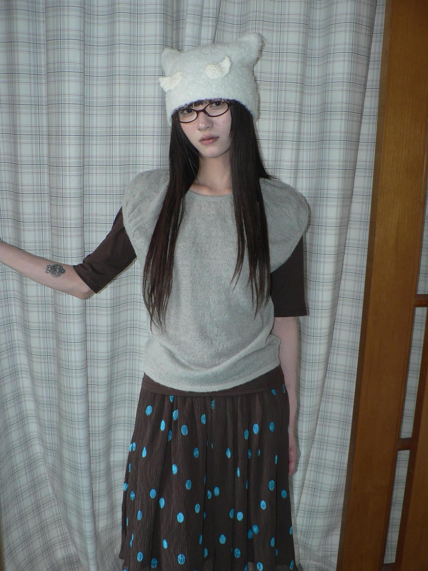 ang project Solid Gray Korean Minimal Casual Round Neck Layered Short Sleeve Women&