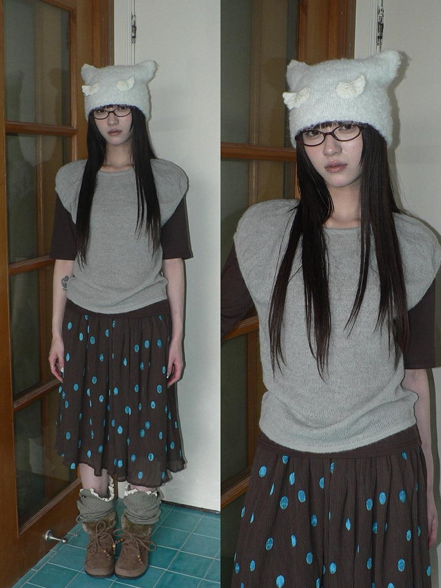 ang project Solid Gray Korean Minimal Casual Round Neck Layered Short Sleeve Women&