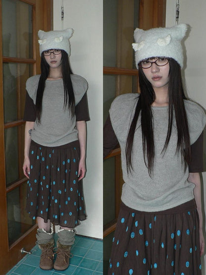 ang project Solid Gray Korean Minimal Casual Round Neck Layered Short Sleeve Women&
