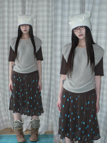 ang project Solid Gray Korean Minimal Casual Round Neck Layered Short Sleeve Women&