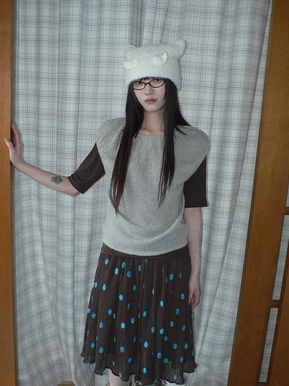 ang project Solid Gray Korean Minimal Casual Round Neck Layered Short Sleeve Women&