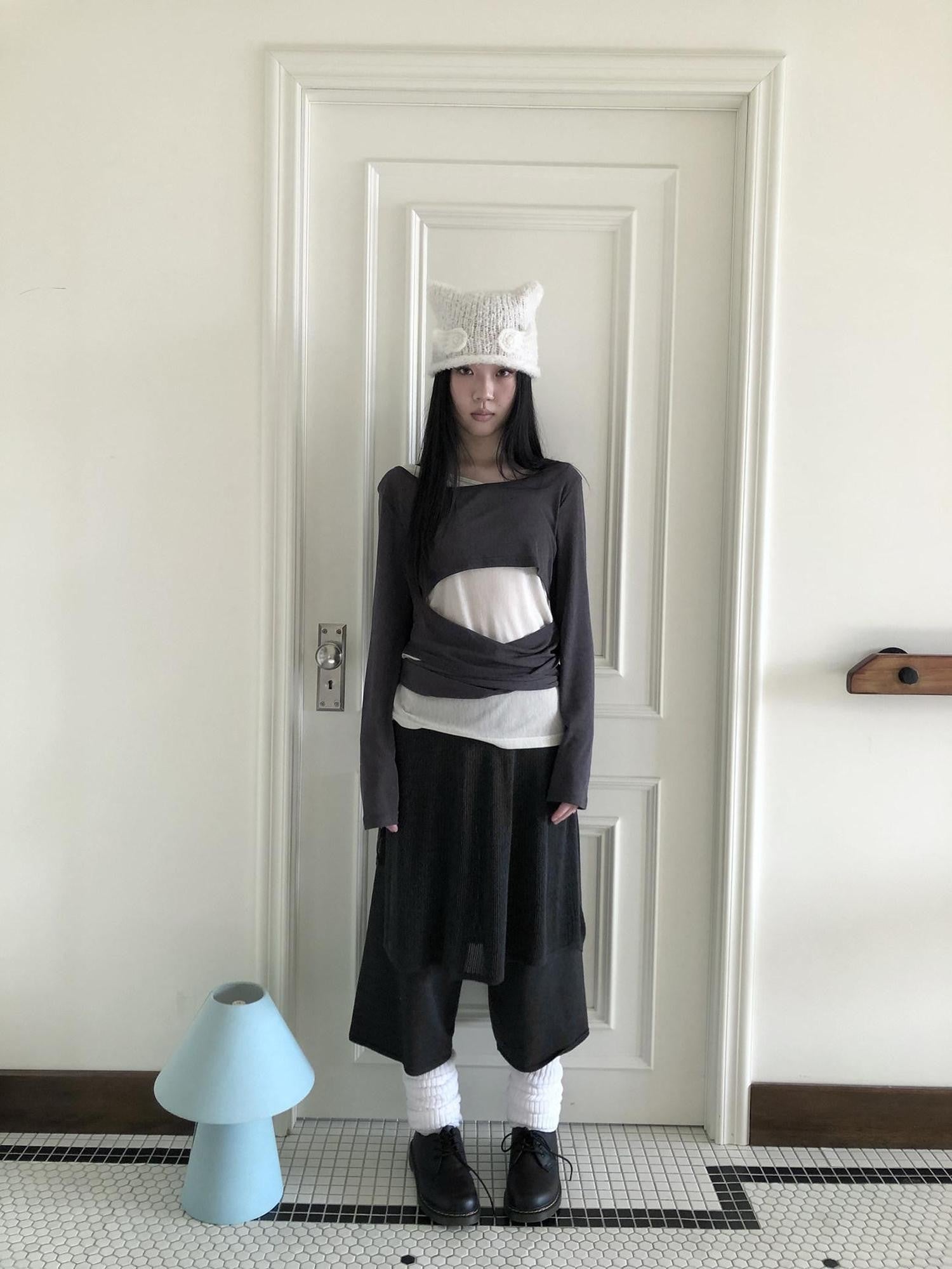 ang project Spliced Tie Cutout Fake Two Piece Korean Women&