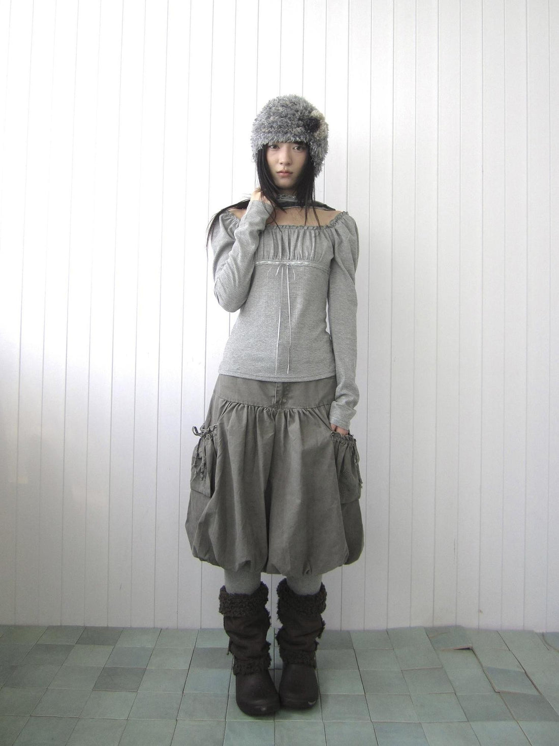 ang project Square Neck Pleated Lace Up Slim Fit Women&