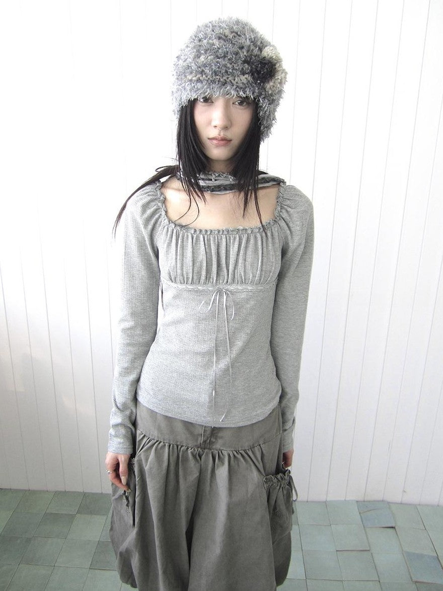 ang project Square Neck Pleated Lace Up Slim Fit Women&