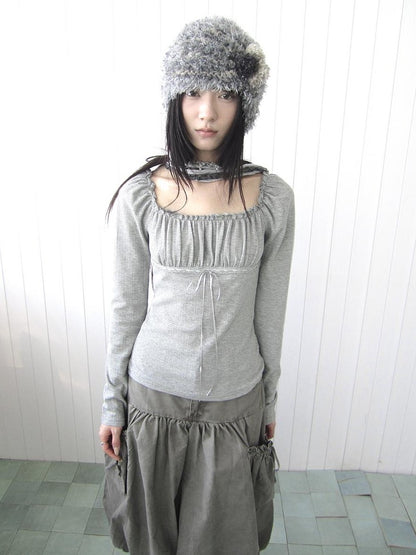 ang project Square Neck Pleated Lace Up Slim Fit Women&