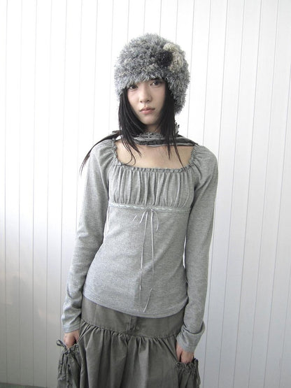 ang project Square Neck Pleated Lace Up Slim Fit Women&