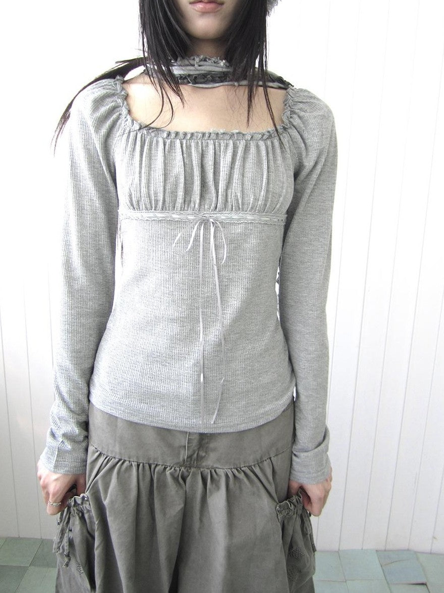 ang project Square Neck Pleated Lace Up Slim Fit Women&