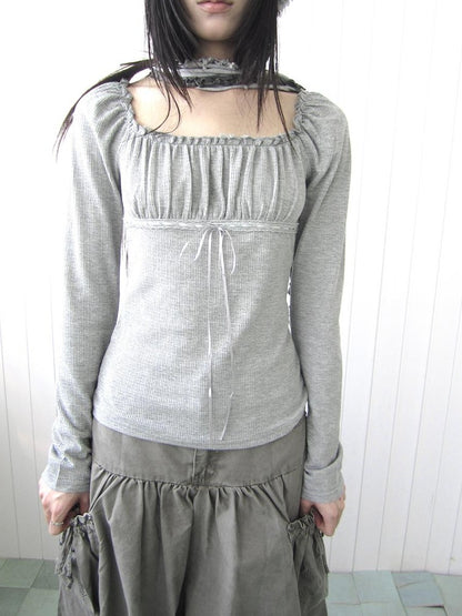 ang project Square Neck Pleated Lace Up Slim Fit Women&