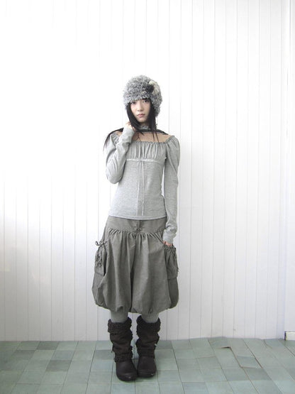 ang project Square Neck Pleated Lace Up Slim Fit Women&