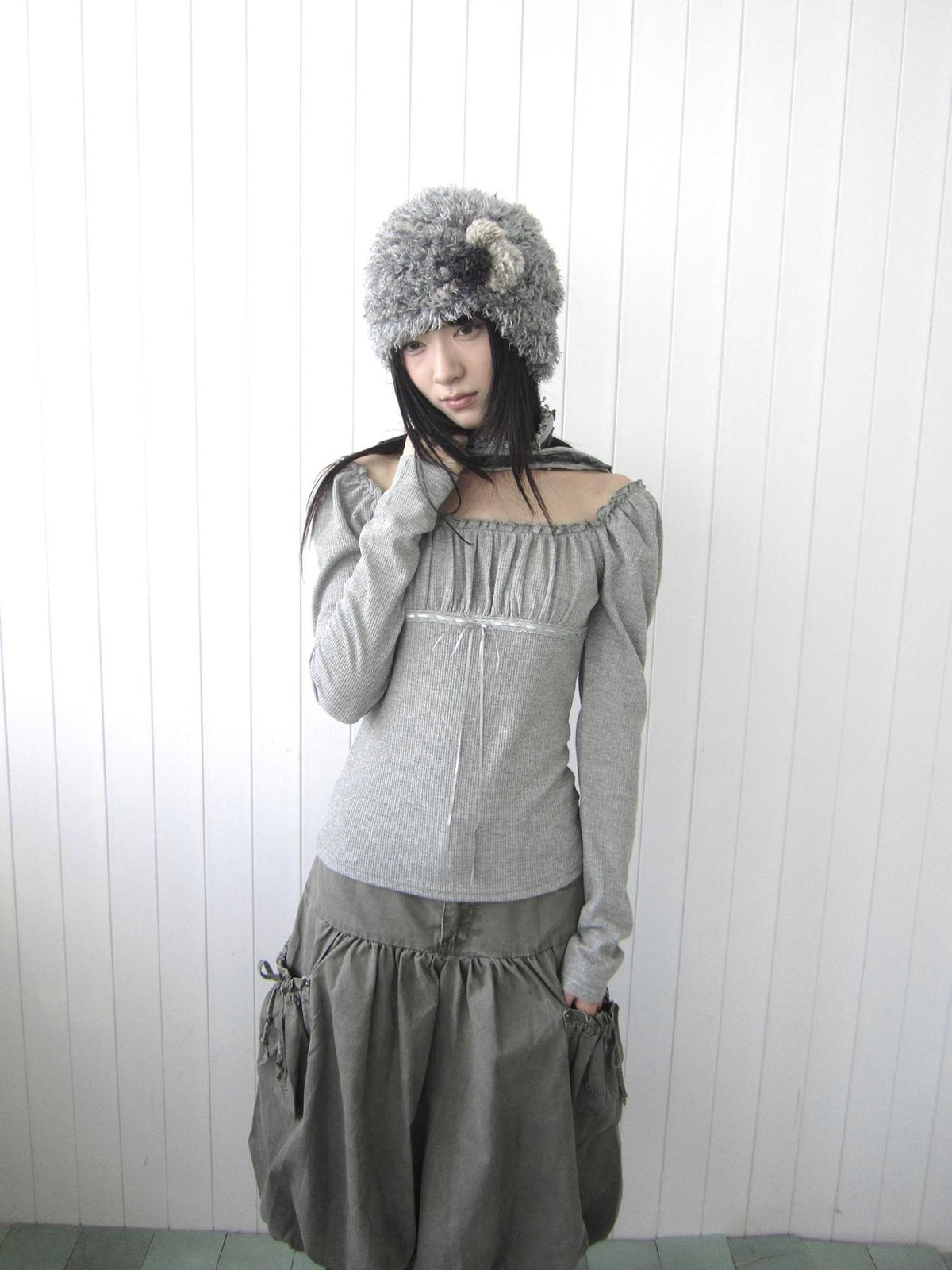 ang project Square Neck Pleated Lace Up Slim Fit Women&