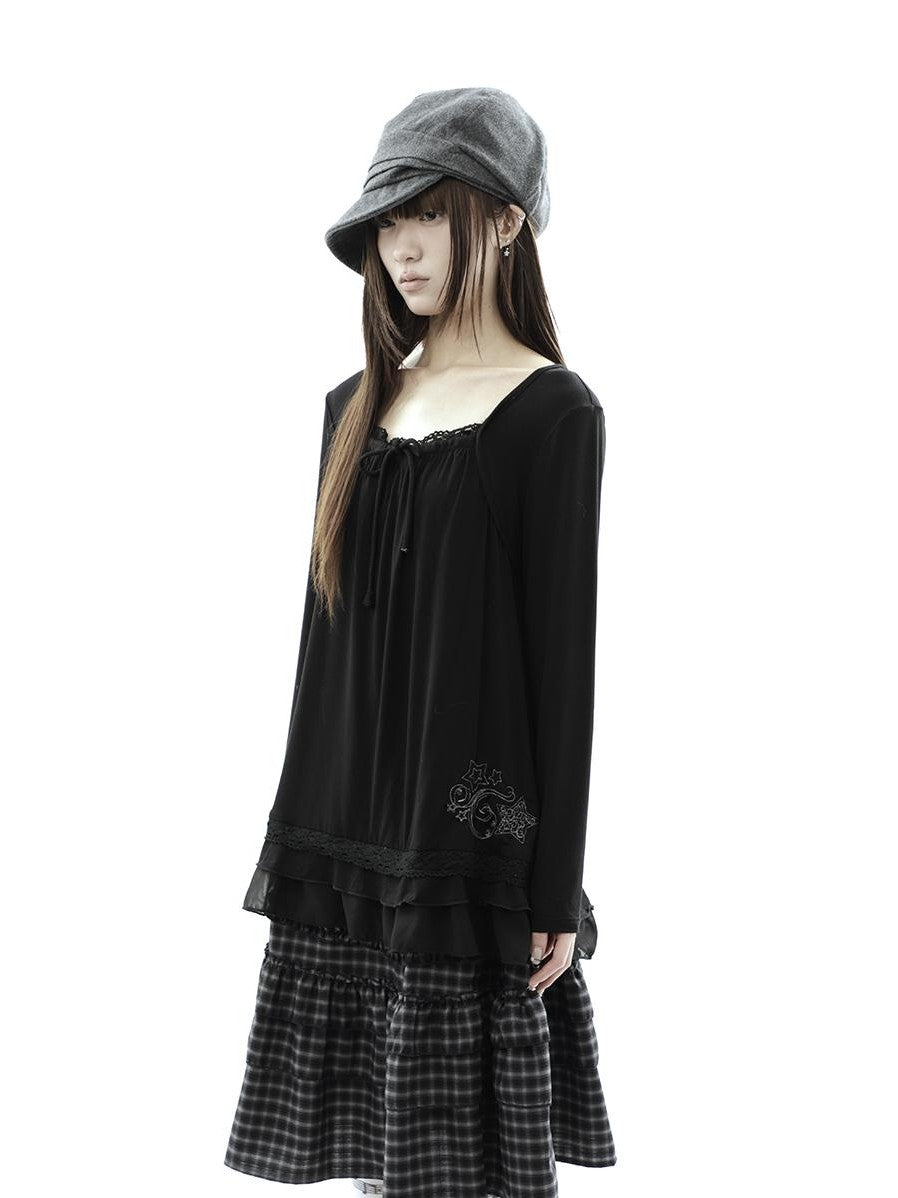 ang project Star Embroidered Lace Mesh Splice Tie Women&