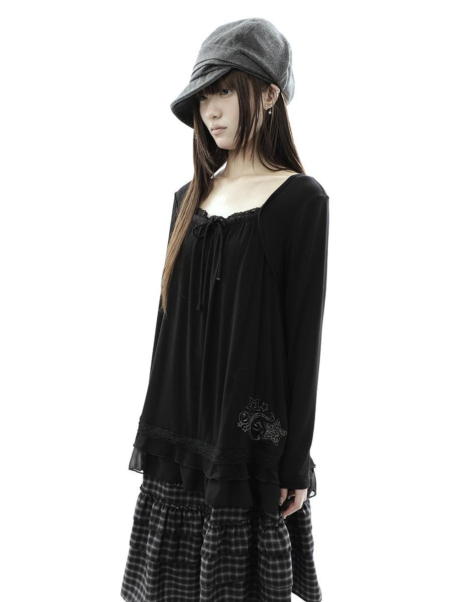 ang project Star Embroidered Lace Mesh Splice Tie Women&