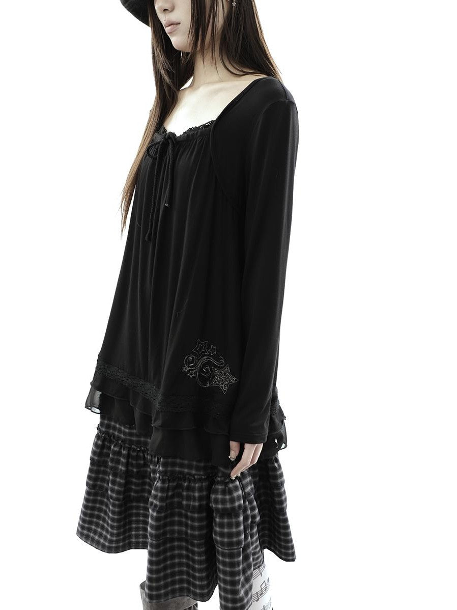 ang project Star Embroidered Lace Mesh Splice Tie Women&