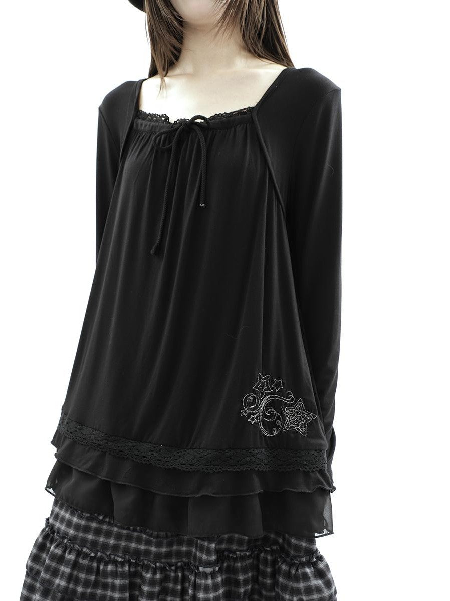 ang project Star Embroidered Lace Mesh Splice Tie Women&