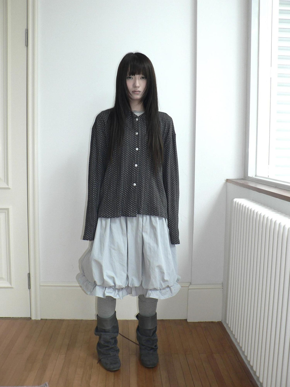 ang project Star Print Button Long Sleeve Round Neck Women&