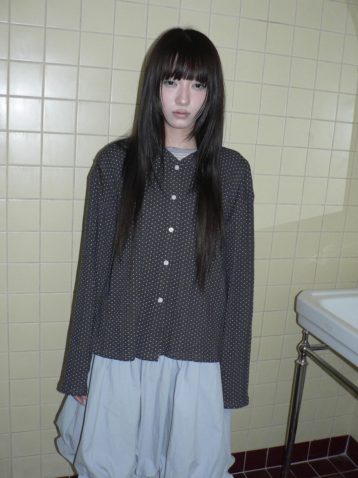 ang project Star Print Button Long Sleeve Round Neck Women&