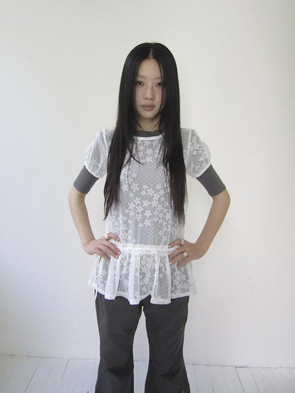 Updateang project Star Print Lace Top With Drawstring Waist