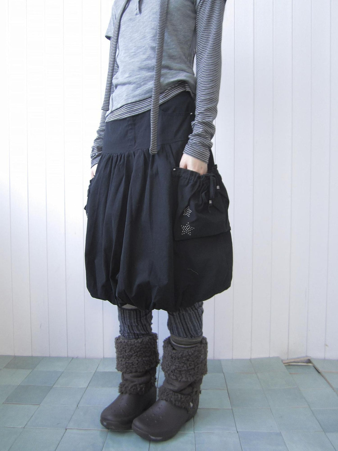 ang project Star Studded Drawstring Bubble Hem Denim Women&