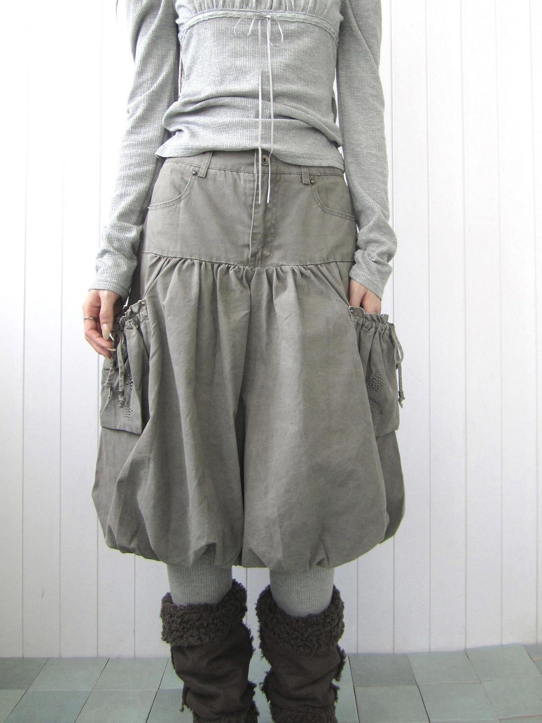 ang project Star Studded Drawstring Bubble Hem Denim Women&