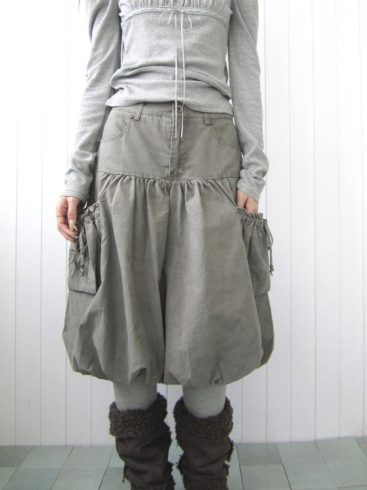 ang project Star Studded Drawstring Bubble Hem Denim Women&