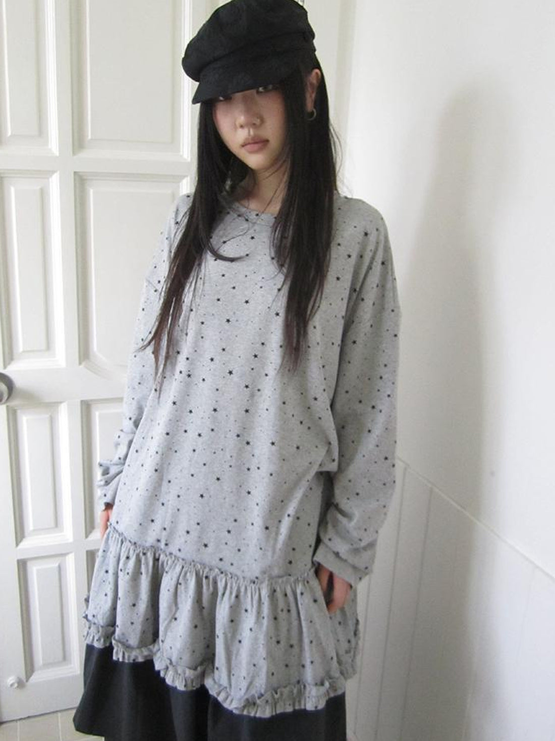 Updateang project Stars Print Lace Trim Oversized Long Sleeve Tee