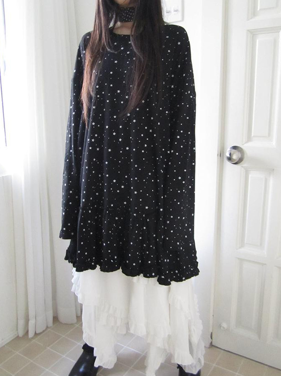 Updateang project Stars Print Lace Trim Oversized Long Sleeve Tee