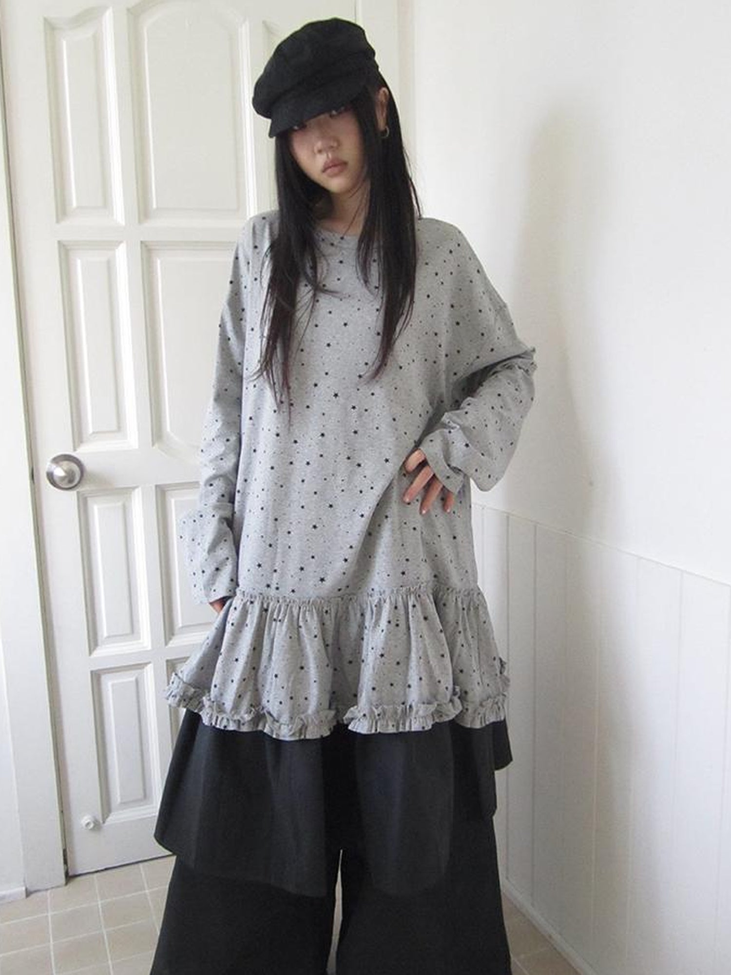Updateang project Stars Print Lace Trim Oversized Long Sleeve Tee