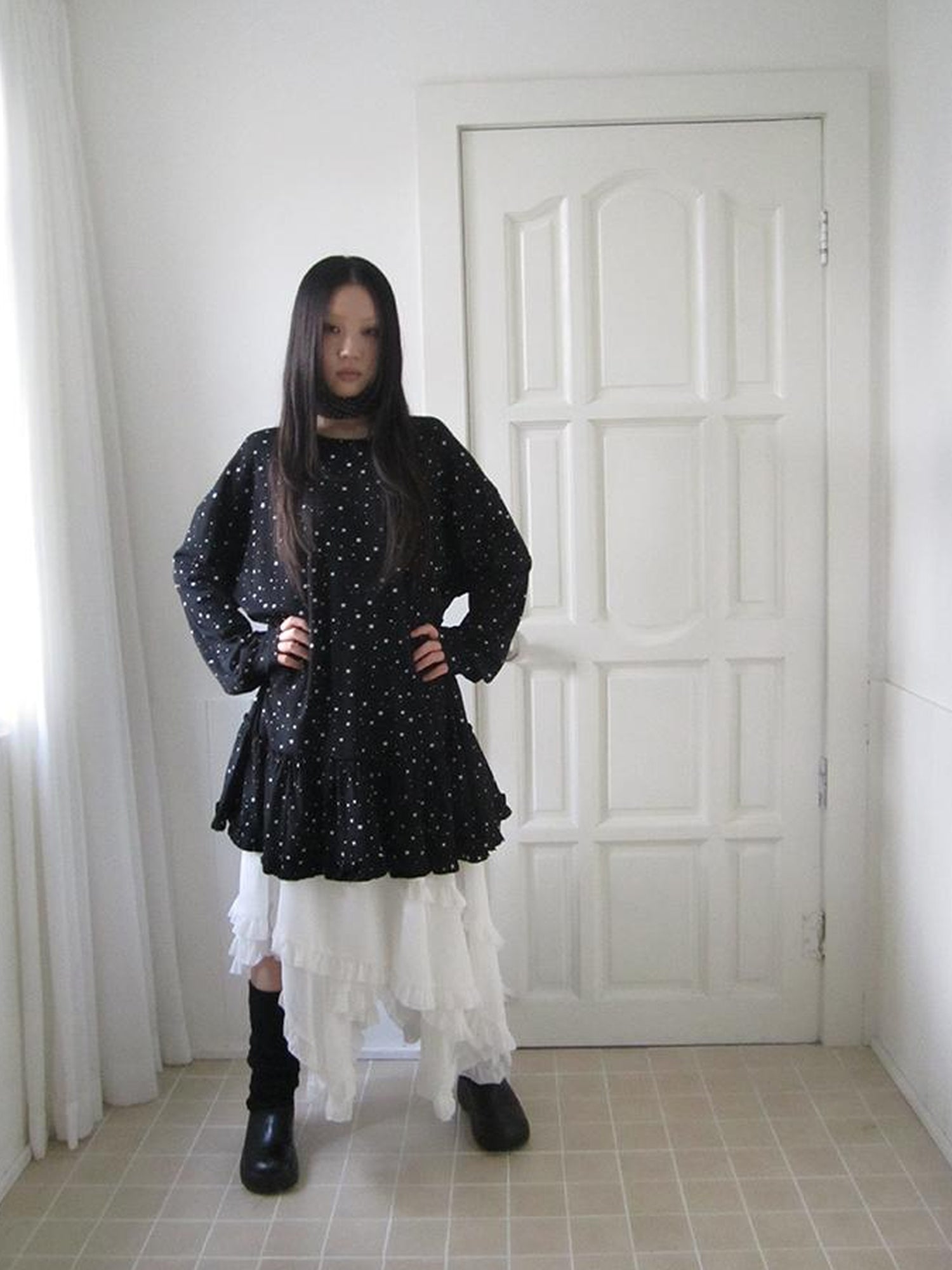 Updateang project Stars Print Lace Trim Oversized Long Sleeve Tee