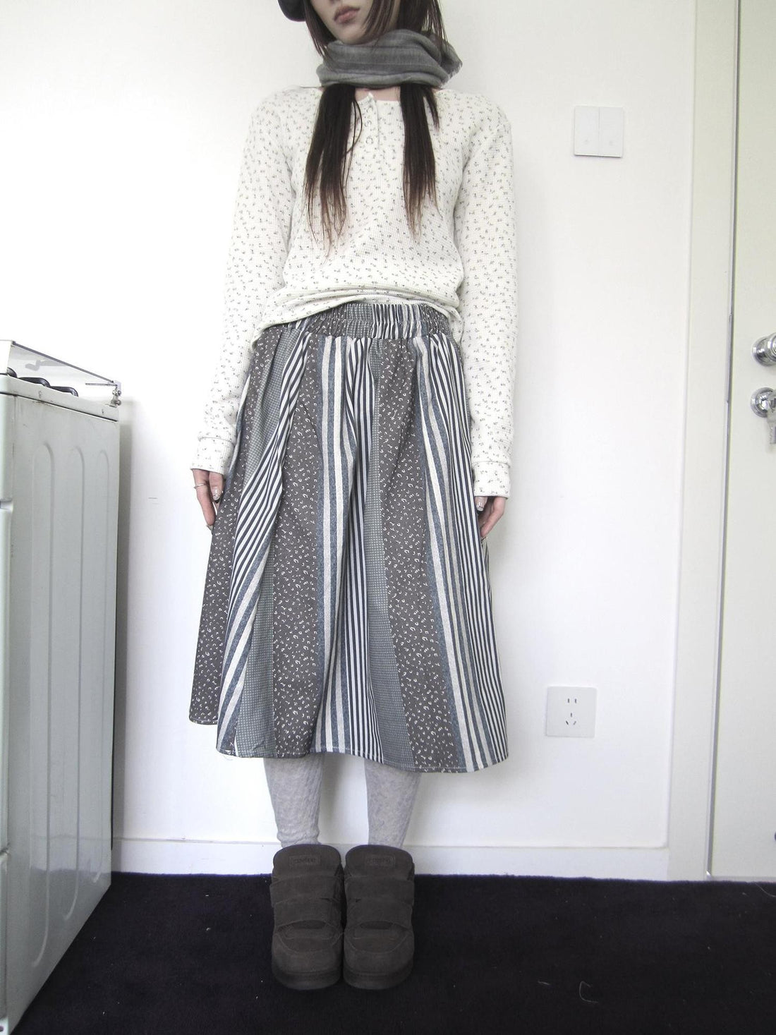 ang project Striped Check Floral Patchwork Elastic Waist A Line Women&
