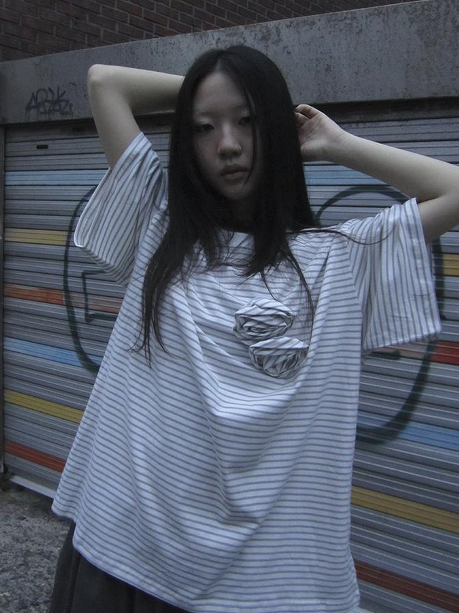 Updateang project Striped Color-Block Floral Print Short Sleeve Tee