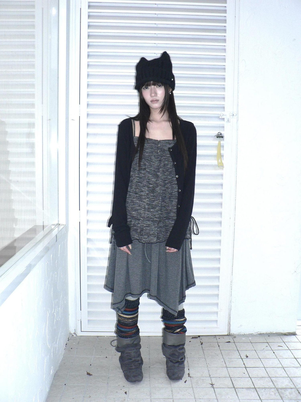 ang project Striped Contrast Stitch Asymmetrical Elastic Waist Women&