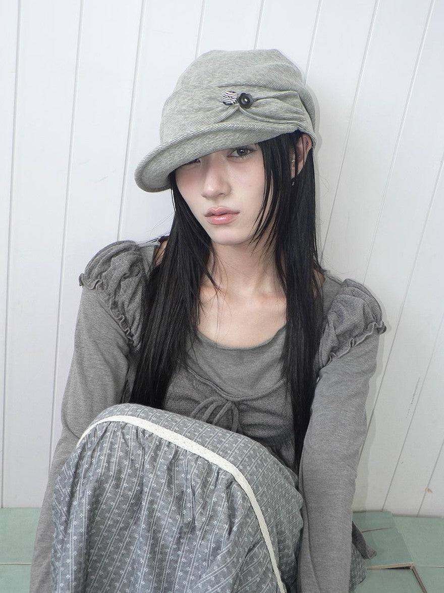 ang project Striped Handmade Pleated Wide Brim Vintage Women&