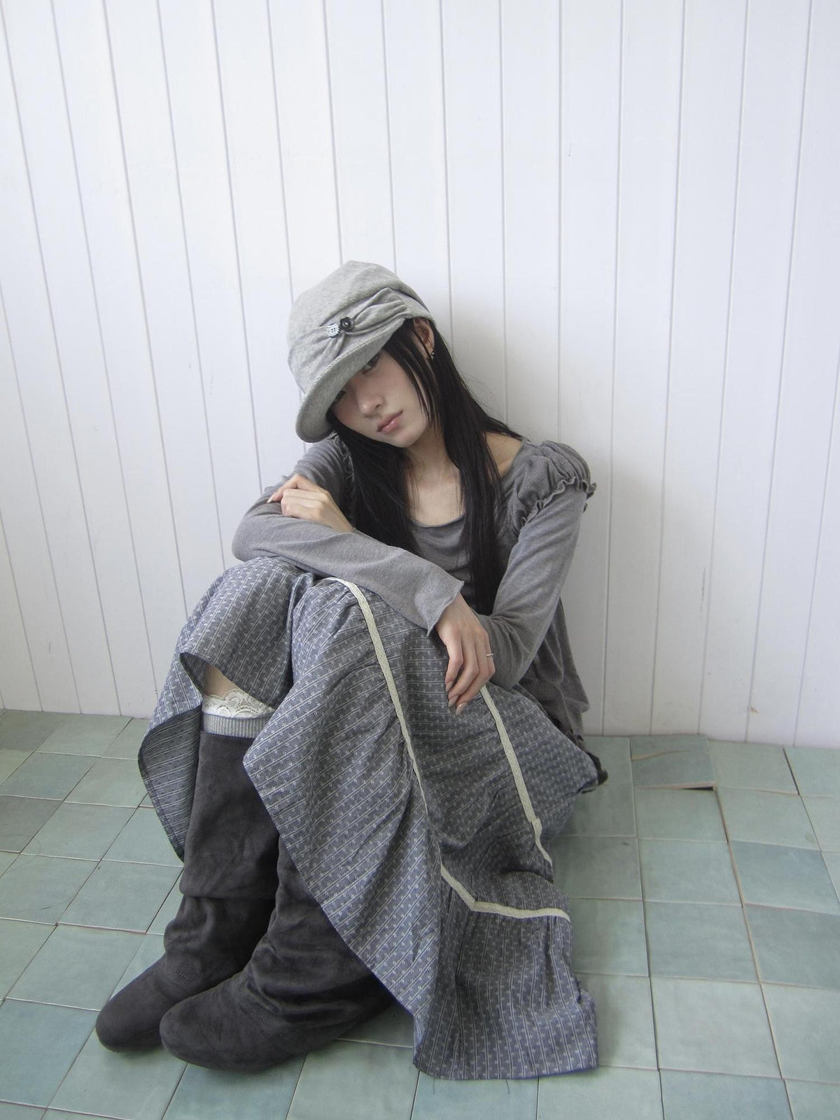 ang project Striped Handmade Pleated Wide Brim Vintage Women&