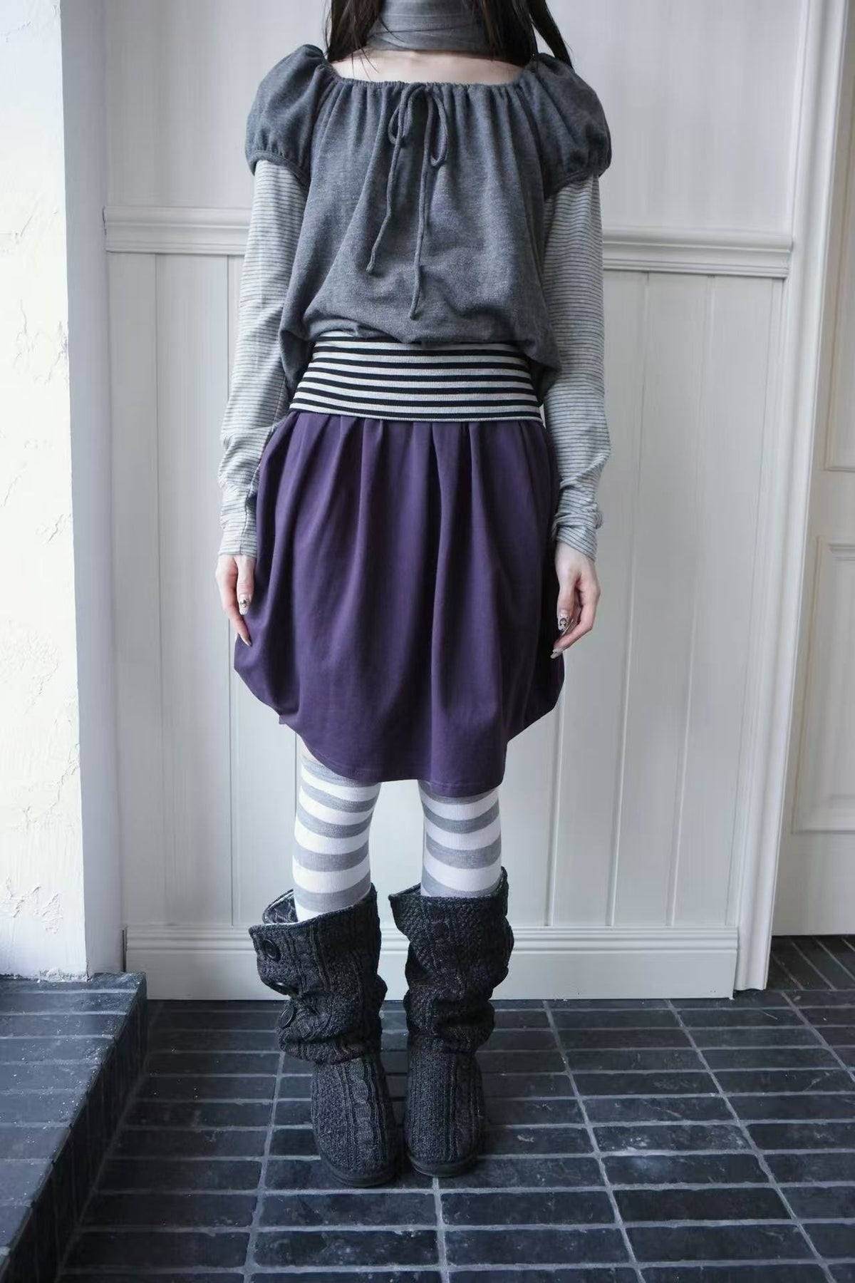 ang_project_Striped_Panel_Fleece_Lined_Bubble_Midi_Skirts_Women&