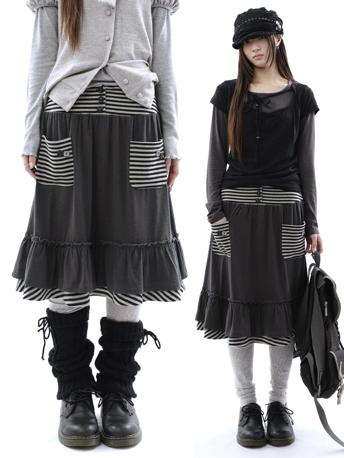 ang project Striped Pleated Pocket Ruffle High Waist Women&