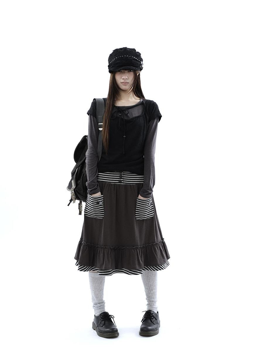 ang project Striped Pleated Pocket Ruffle High Waist Women&