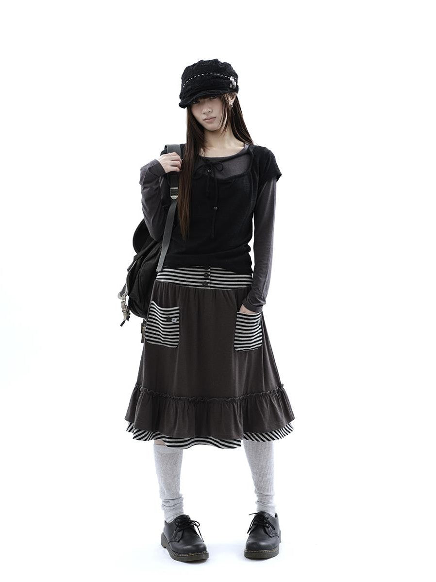 ang project Striped Pleated Pocket Ruffle High Waist Women&