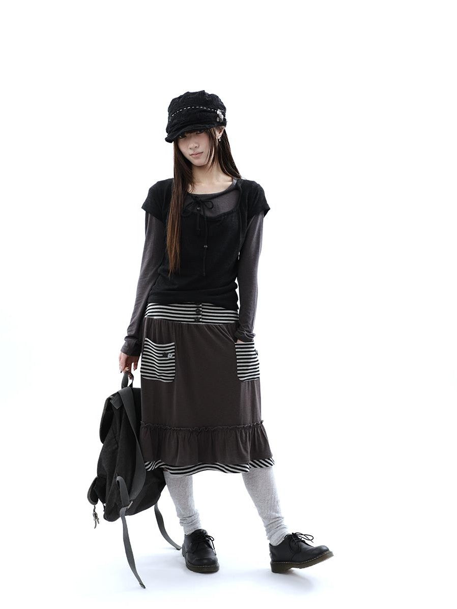 ang project Striped Pleated Pocket Ruffle High Waist Women&
