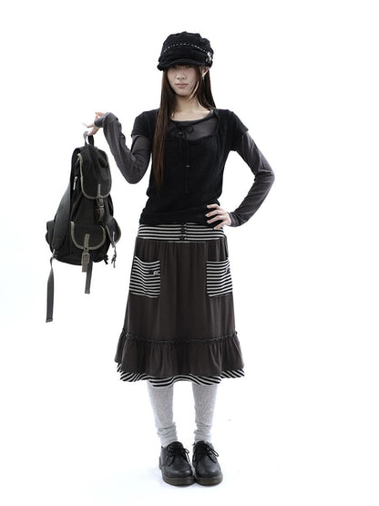 ang project Striped Pleated Pocket Ruffle High Waist Women&