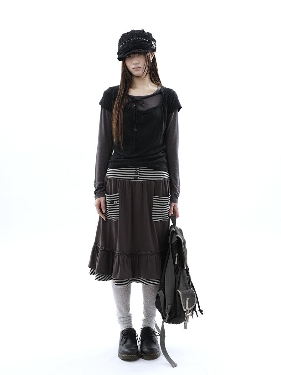 ang project Striped Pleated Pocket Ruffle High Waist Women&