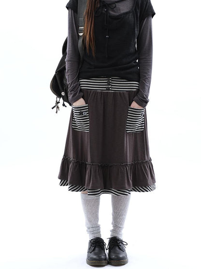 ang project Striped Pleated Pocket Ruffle High Waist Women&