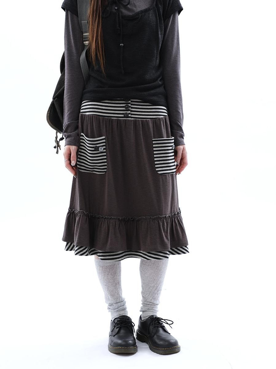 ang project Striped Pleated Pocket Ruffle High Waist Women&